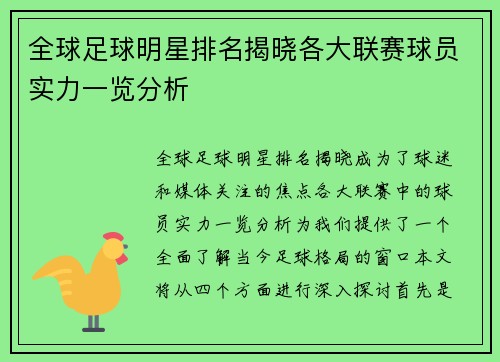 全球足球明星排名揭晓各大联赛球员实力一览分析